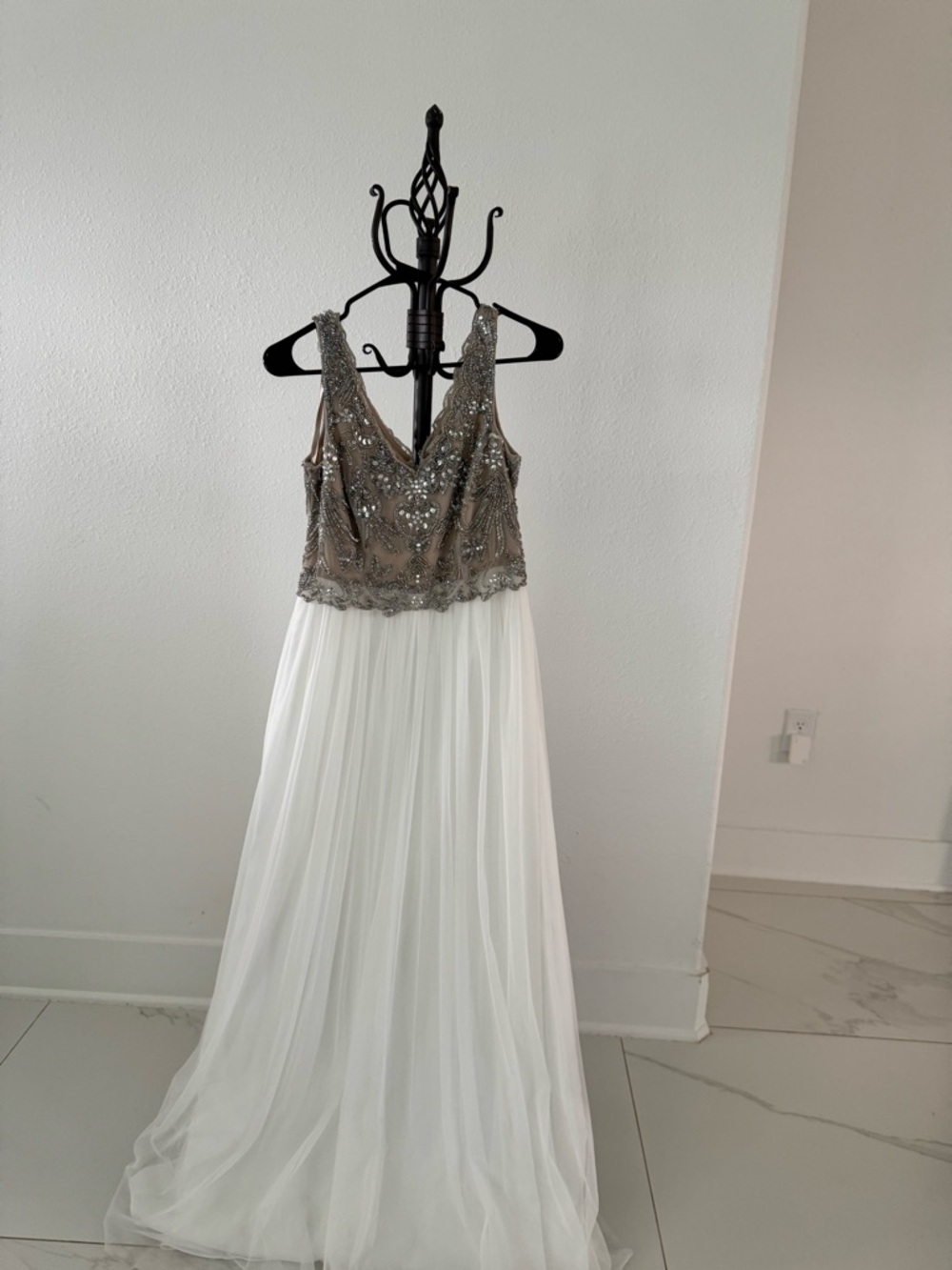 Adrianna Papell Beige Dress with Silver Sequin Embellishment